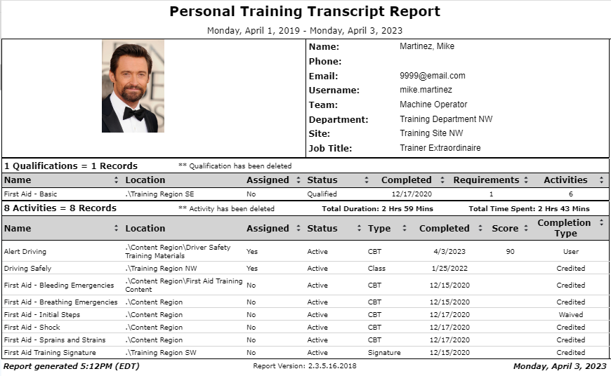 Personal Training Transcript Report
